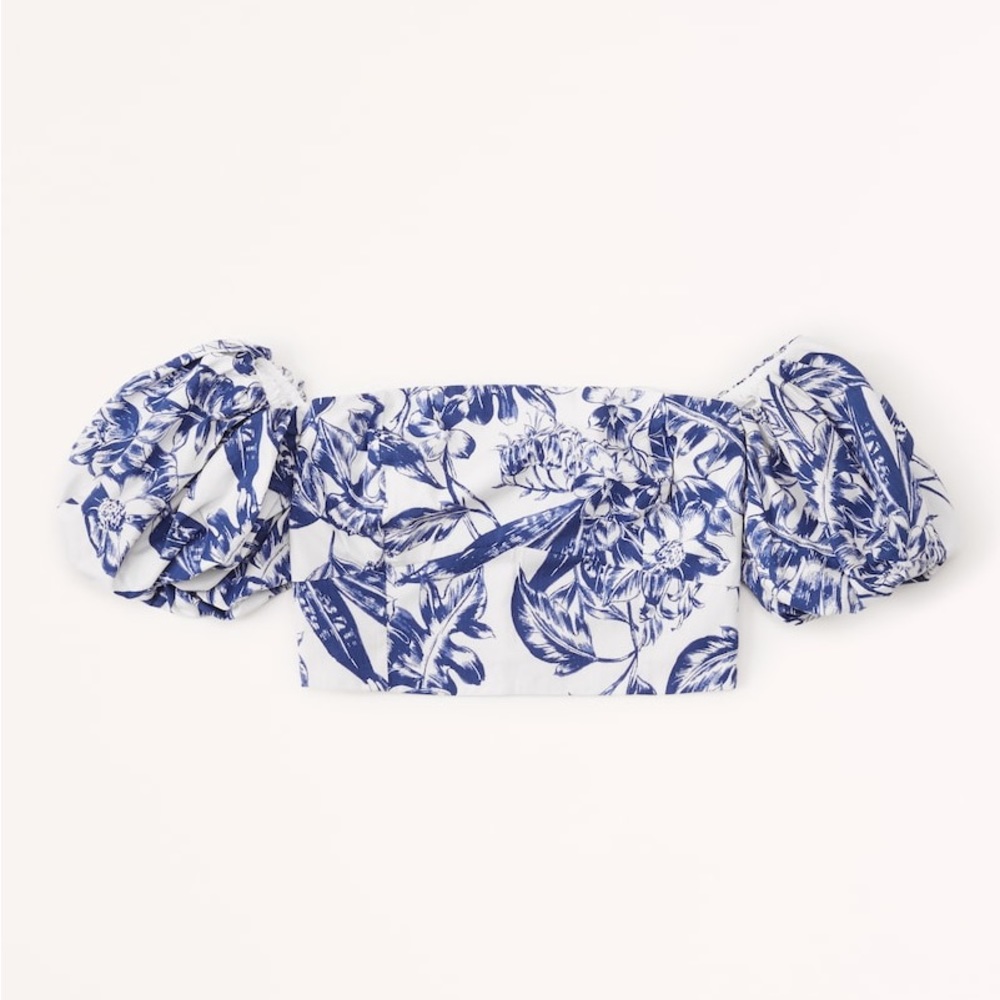 Abercrombie Off-The-Shoulder Poplin Set Top - Navy Blue Pattern (Size Large)